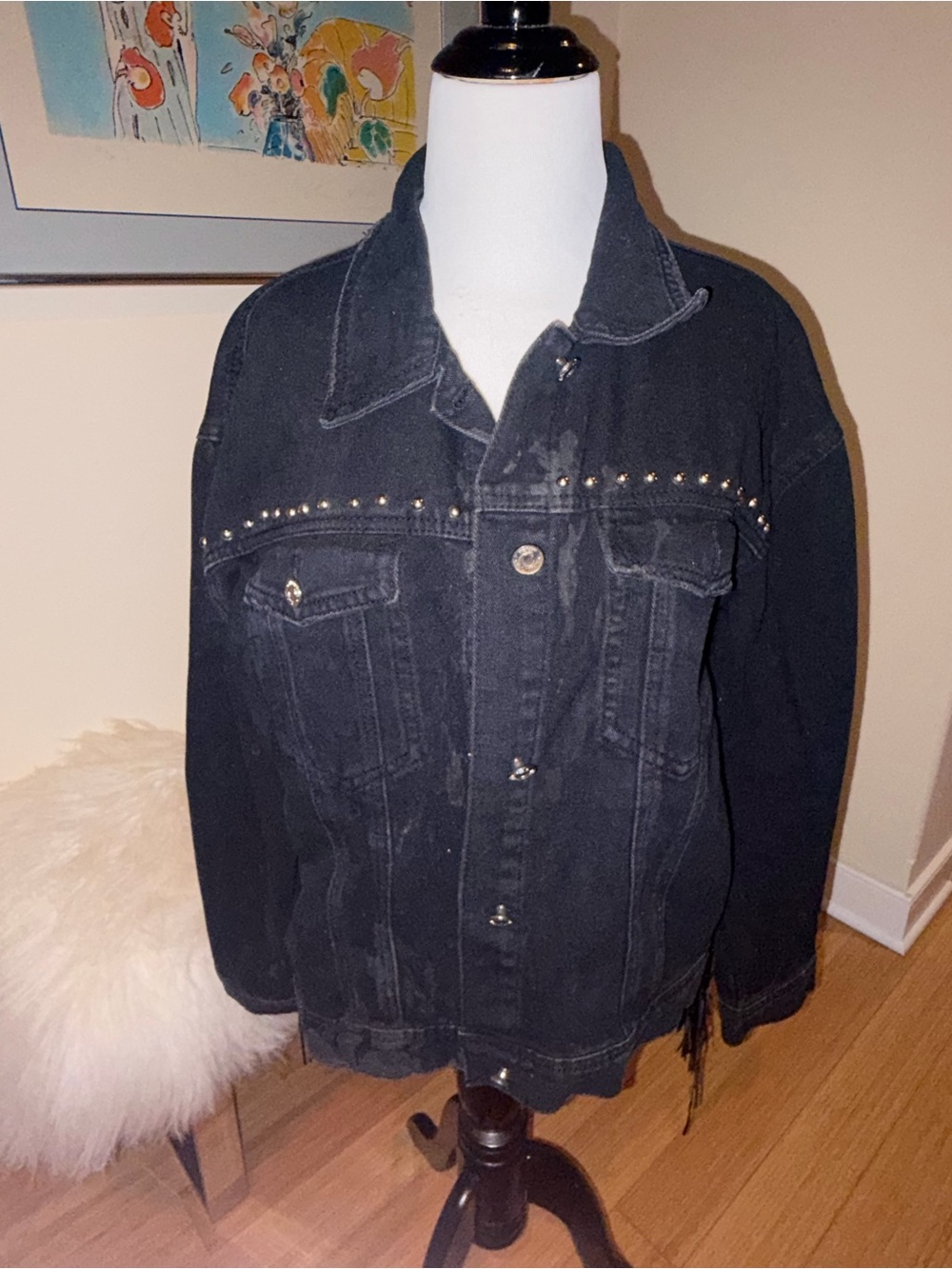 Missguided Black Fringe Studded Denim Jacket - Women's Loose Fit - Picture 7 of 8